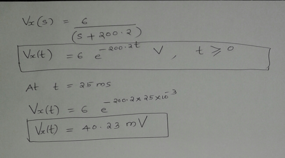 Vx (s) s+200.2 200.at Volt) v to At t = 25ms 200:2x 25x10 63 e Va(t) = 6 Valt) = 40.23 m v