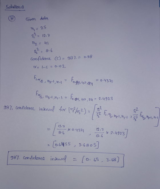 Solution Given data n = = 25 s2 = 12.7 12 = 41 $? 8.6 confidence (C) = 98% = 0.98 x=1-0 =0.02 Freni N2-1, nt fo.g9, 40,94 0.4