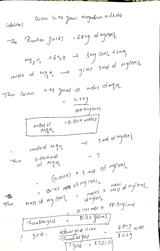 A LA Solution) Given 6.19 geoms magnesium nitride The Portion jierds = brug of agrona mig +640 → Bang Con), 4 swing - giver 3