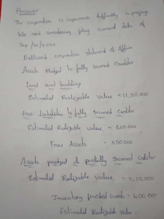 Answer The corporation is aperience bills and considering bling difficulty current in paying data of Sep /30/2020 Dellwood co