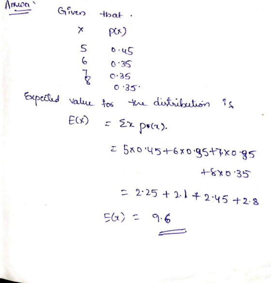 Amwa Given that х 5 0.45 0.35 0.35 0.35 Expected value for the distribution is EX) = Ex poca). ¿ 5x045+6X0.95+%*0.95 +8x0.35