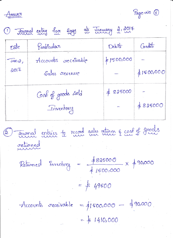 Answer Page No ③ o Jacanal entry for Sogs at January , 2014 Date Particular Debito Gedit Accounts receivable *1500,000 Şales