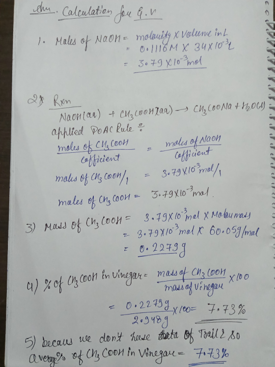 chu. Calculation for GV 1. Moles of Naon = molauity X Volume inh = 001116M X 34X1034 = 3079 810 na 2x Ron NaOH(a) + Cl₂coonta