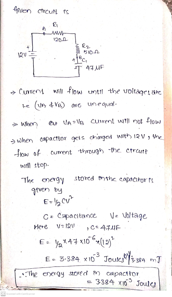Given circuit is Ri MW 1200 R2 5102 12V 47 MF Current will flow untt! the voltages are (VA ¢VB) are unequal. ire → When eet V