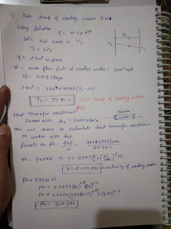 - For tomp of cooling water Exit using Relation a A7 CAT Ans coellini Ster q= mcpot Exh tomp is Tz Ti= 200 q= 24109 w given