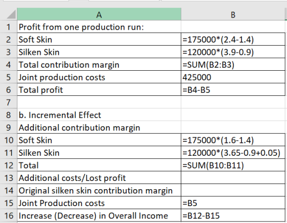 A 1 Profit from one production run: 2 Soft Skin 3 Silken Skin 4 Total contribution margin 5 Joint production costs 6 Total pr