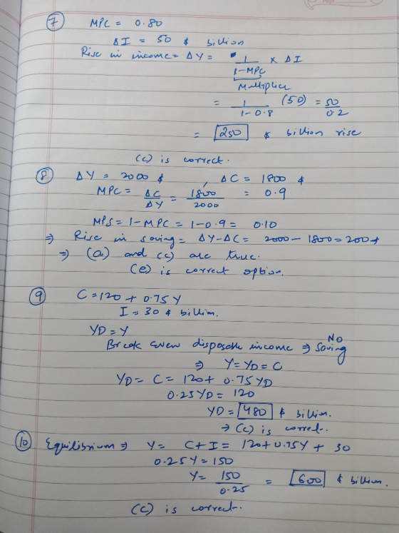 MPC = 0.80 SI = 50 Rise un incomez & billion Ay= L X I I-MPC мар ч -0. 02 = 1250 & billion rise (c) is correct. AY = 2000 & A