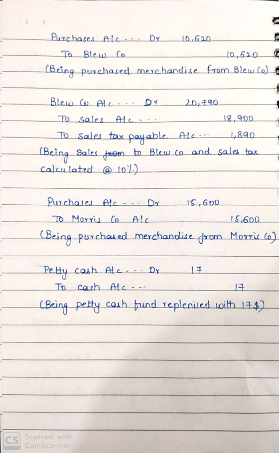 Purchases. Ale... Dy 10,620 To Blew Co 10,620 (Being purchased merchandise from Blew Co) C Blew to Alc... Dr 20,790 To sales