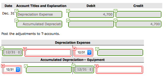 Debit Date Account Titles and Explanation Credit Dec. 31 [Depreciation Expense 4,700 Accumulated Depreciati 4,700 Post the ad