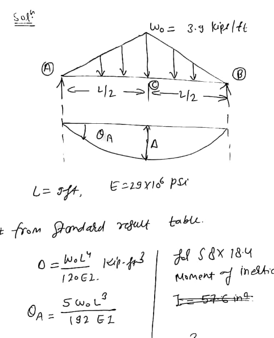 Wo= 3.9 kipelet ta 42 12-1/2 - L=oft, E2297105 psi & from Standard result table. o= Wol Kip-fr? Led S 8X 18.4 Moment of inel