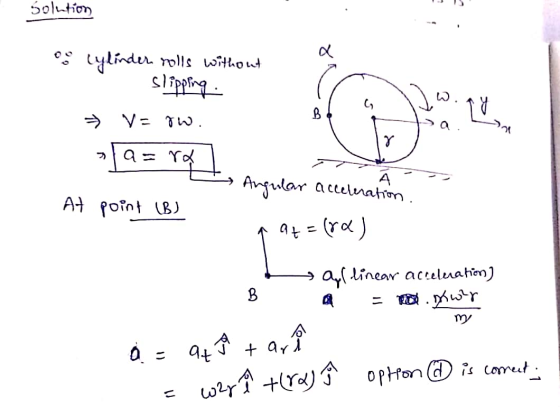 Solution a o cylinder rolls without slipping B V=Jw. 7 a= rf A At point (B) Angular acceleration. (ra) at = B my → Oyllinear