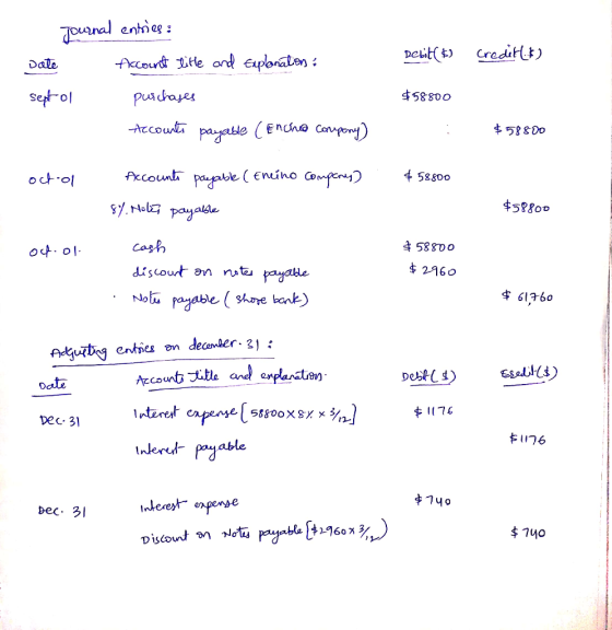 ournal entieg fCountt ite and Eplonalen creditt) Delit( t Dale sept ol Puachayes $58800 ACcot payable (Encho opony) Account p