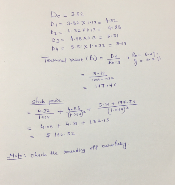 Do = 3.82 Di = 3.82 X 113 = 4.32 D2 = 4.32 X 1.13= 4.88 D3= 4,88 X 1.13= 5.51 D4 = 5.51 x 10032 = 5.69 Terminal value (P3) =