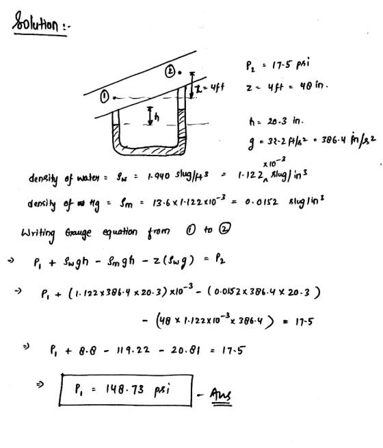 Solution : @.., - P = 17.5 poi 2244 = 40 in. 12-uff T In L = 20.3 in. g -31-2 f4192 = 386-4 in lesz X10-3 o density of water