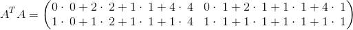 A^TA=\begin{pmatrix}0\cdot \:0+2\cdot \:2+1\cdot \:1+4\cdot \:4&0\cdot \:1+2\cdot \:1+1\cdot \:1+4\cdot \:1\\ 1\cdot \:0+1\cdot \:2+1\cdot \:1+1\cdot \:4&1\cdot \:1+1\cdot \:1+1\cdot \:1+1\cdot \:1\end{pmatrix}