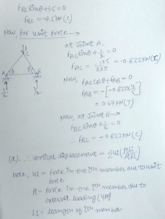 2X3 AO 1 gard FBc sino tis=0 FBC = -2.510 (c) Now for unit force at Joint A FACsino t=0 FACE 185 --0-833 kN (6) Now, FACCESOT