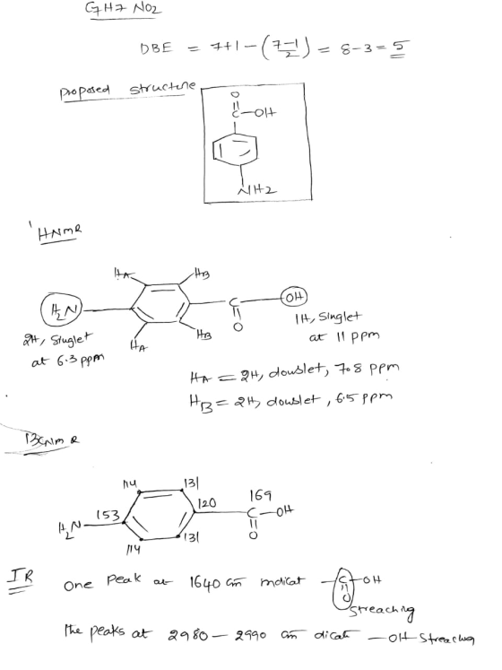 GH7 NO2 DBE = 7+1-(72) = 8-3= 5 proposed structure C-ot THY HNMR HN) IH, Singlet at 11 ppm HA QH, Singlet at 6.3 ppm HA=2H, d