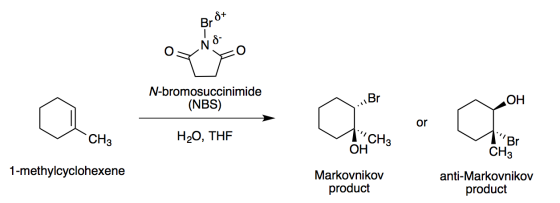 0 N° N-bromosuccinimide (NBS) ~ , Br OH or CH, H2O, THE CH3 TBr CH3 1- methylcyclohexene Markovnikov product anti-Markovni