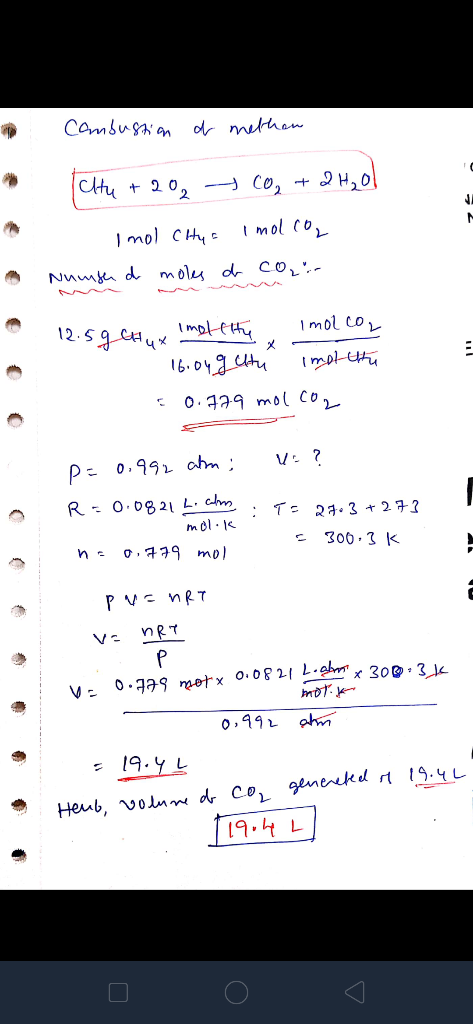 Combustion of methan (chu +20 CO₂ + 2H₂O Imol Chuc Imolco, Nugh d moles de color 12.5g Chux mot the Imol.co. - 16.04gutu imot