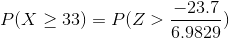 P(X > 33) = P(Z > -23.7 6.9829