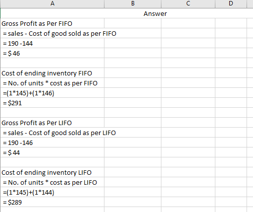 Answer Gross Profit as per FIFO = sales - Cost of good sold as per FIFO = 190-144 = $ 46 Cost of ending inventory FIFO = No.