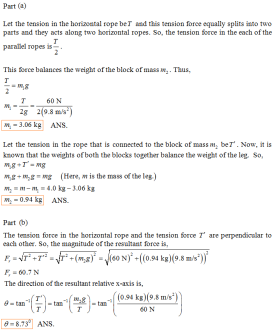 Part (a) Let the tension in the horizontal rope beT and this tension force equally splits into tweo parts and they acts along