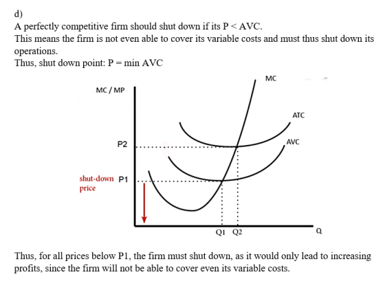 A perfectly competitive firm should shut down if its P<AVC. This means the firm is not even able to cover its variable costs