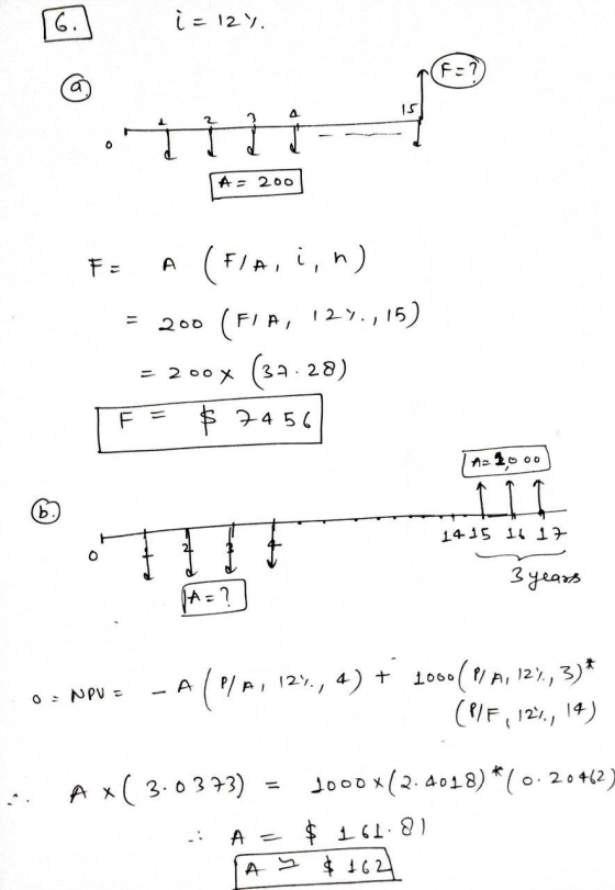 i= 12%. A = 200 F: A (FIA, i, n) = 200 (FIA, 12%.,15) = 200x (32:28) F = $ 74.567 Ill 14 15 16 17 3 years O: NPV = -A (P/A, 1