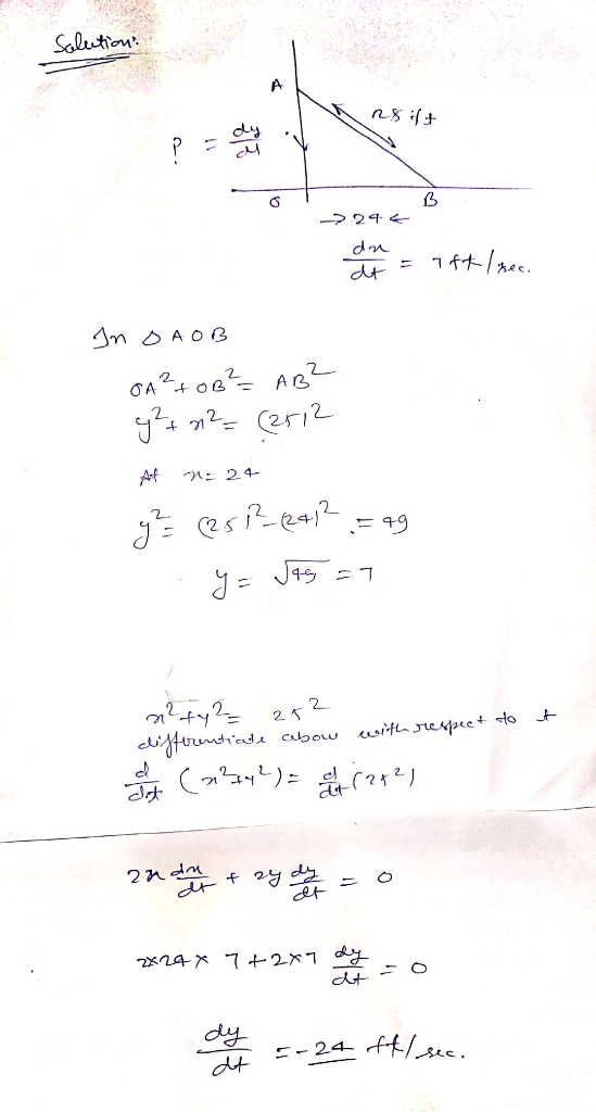 Solution: A as ift P- B ->244 dn dt efflrec. In SAOB OA²+ 0B²- ABZ g²+ m2 = (2512 : 24- y? (25722412,= 49 y = Jas = 7 2 n²+42
