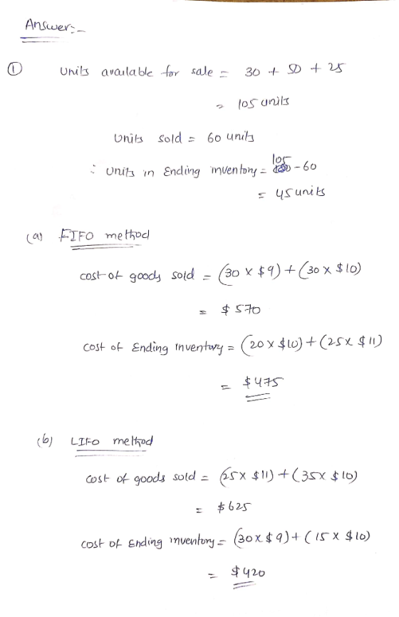Answer- Units available for sale - 30 ut sot 25 2 105 units units sold = 60 units - Onits in Ending inventory = nie - 60 = us