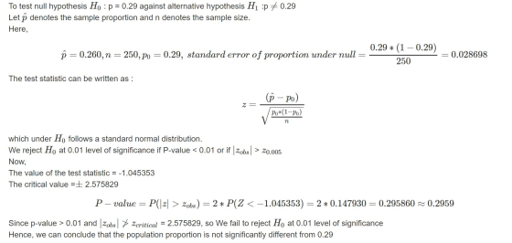To test null hypothesis Ho : p = 0.29 against alternative hypothesis H1 :p +0.29 Let o denotes the sample proportion and n de