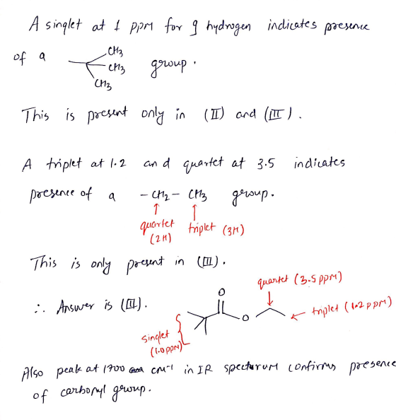 A singlet at & ppm for 9 hydrogen indicates presence of a Cla F CH3 group CH3 This is present only in (II) and (III). indica