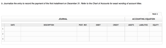 b. Journalize the entry to record the payment of the first installment on December 31. Refer to the Chart of Accounts for exa