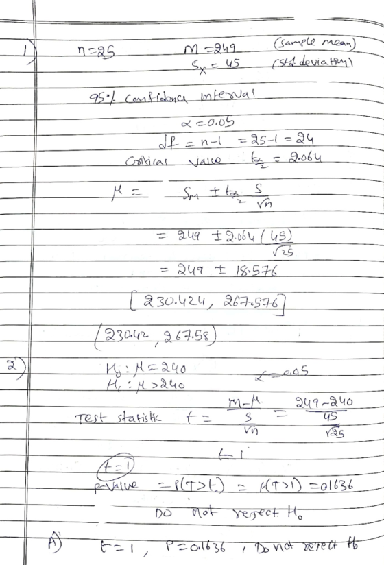 negg m-249 (sample mean) esta deviation) Sy= us 95% confidence interval 20.05 df = 25-1-24 Critical - 2.064 en- Im t to s 2 i