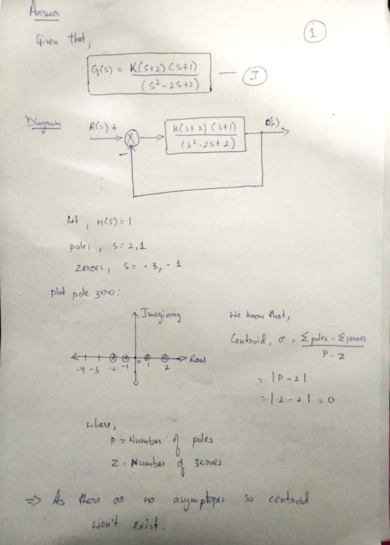 Answer Given that Ges) = K[S+2) CS+1) (5²-25+2) Diagram R(s) + K(st 2) (St1) (5²-25+2) heb, H05)=1 poles, s=2,1 Zeroes, SE-3,