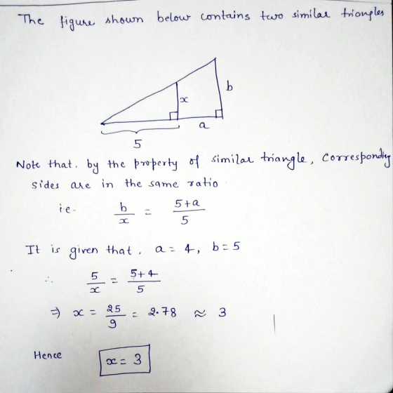 The figure shown below contains two similar triangles b 5 Note that by the property of similar triangle, Corresponding sides