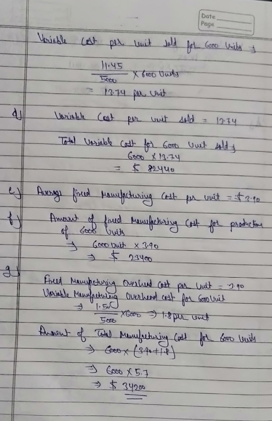 Date Page Variable for Good Units 1 cose per unit seld 11.45 x bet vasts Forex Geto van = 13-74 per unit = variable Cost per
