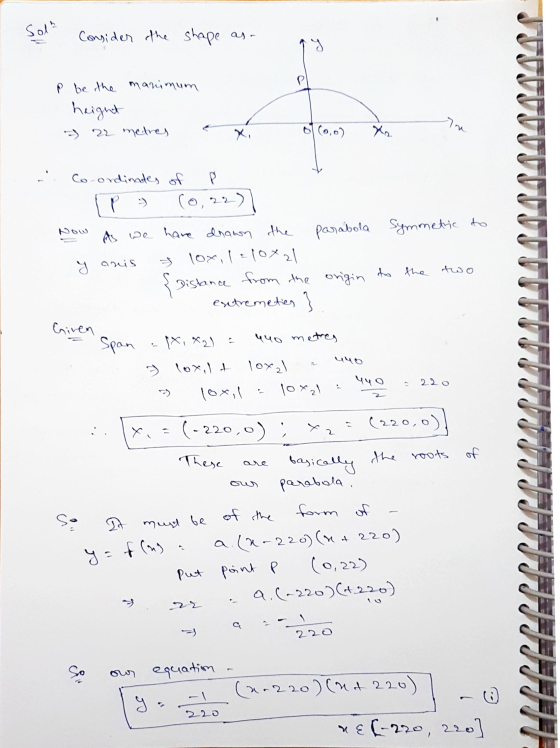 Solt Consider the shape as. > p be the manimum height I 22 metres Tu OT(0,0) P Now Co-ordinades of p => (022) As we have draw