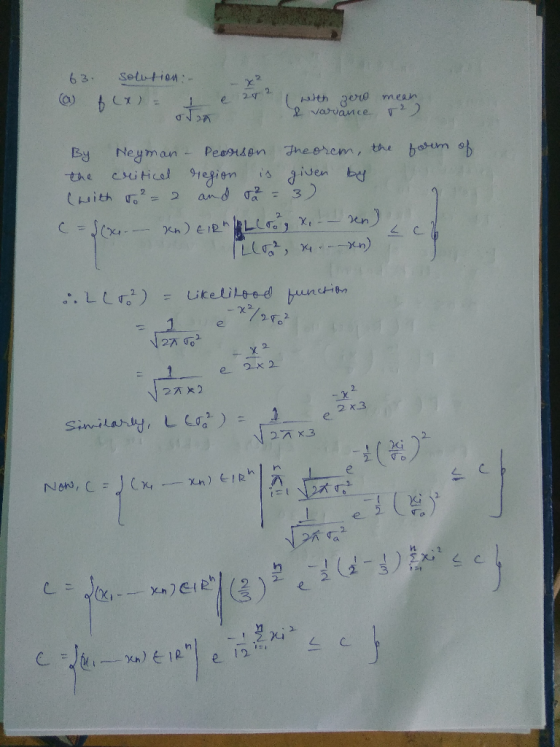 63. @ Solution :- - e art ? with zero & variance mean 2) on form of By Neyman - Pearson Theorem, the the critical region is g