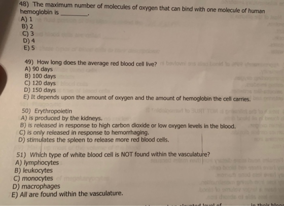 48) The maximum number of molecules of oxygen that can bind with one molecule of human hemoglobin is A) 1 B) 2 C) 3 D) 4 E) 5