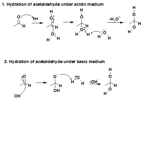 1. Hydration of acetaldehyde under acidic medium O: H20 O: HH , 2. Hydration of acetaldehy de under basic medium он