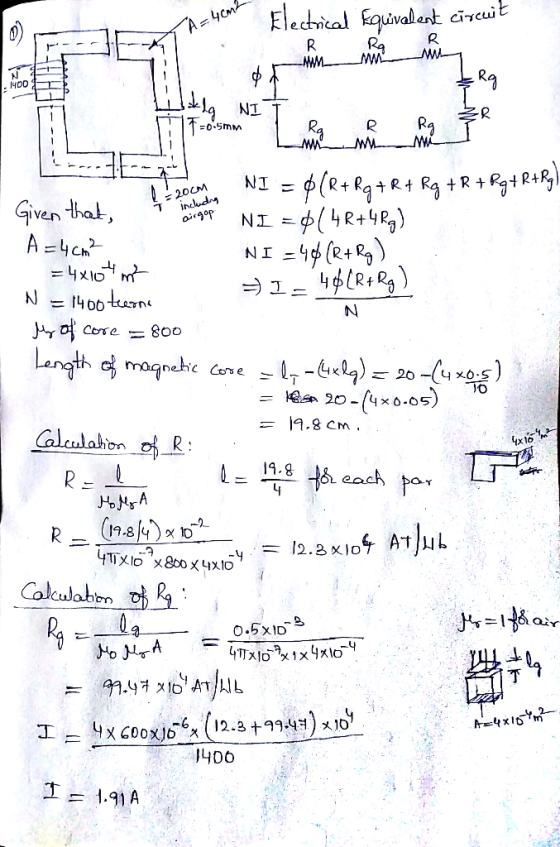 Electrical Equivalent circuit TA=40m2 R. Ram Erg NI + 200M including airgop NI = $(R+Rg+R+ Rg +R +R9+R+R) . Given that, B int