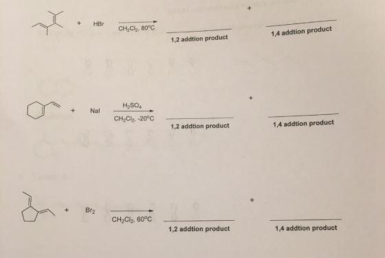 HBr CH2Cl2, 80oC H2SO4 Na CH2Cl2, 20°C. Br2 CH2Cl2, 60°C 1,2 addtion product 1,2 addtion product 1,2 addtion product 1,4 addtion product 1,4 addition product 1,4 addtion product