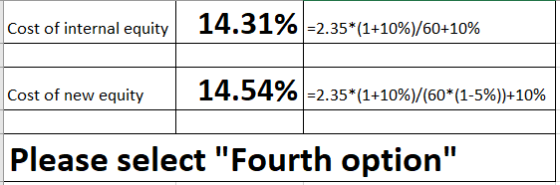 Cost of internal equity 14.31% -2.35*(1+10%)/60+10% Cost of new equity 14.54% -2.35*(1+10%)/(60*(1-5%)+10% Please select Fou