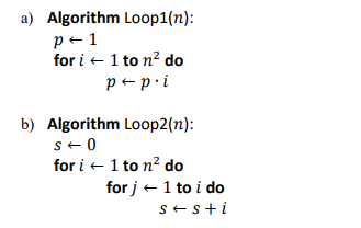 a) Algorithm Loop1(n): p+ 1 for i = 1 to n do ppi b) Algorithm Loop2(n): SO for i = 1 to n do for j = 1 to i do Sesti