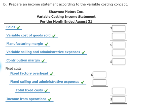 b. Prepare an income statement according to the variable costing concept. Shawnee Motors Inc. Variable Costing Income Stateme