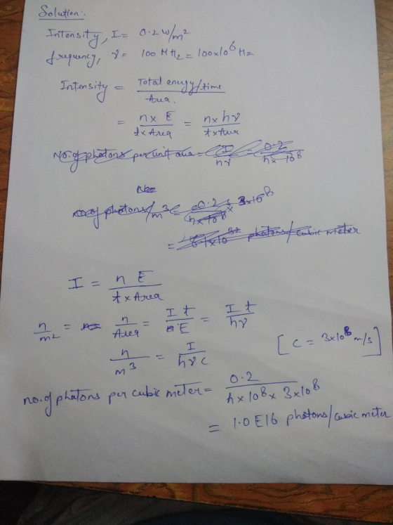 frequency, do Total energy/time Intensity - Ana 36 02316B Solution: Intensity, I= 0.2 W/m² 100 M2 = 100x100 Hz plations tease