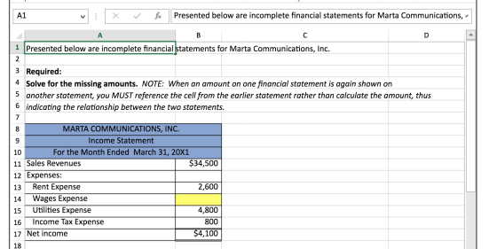 A1 X fic Presented below are incomplete financial statements for Marta Communications, 1 Presented below are incomplete finan