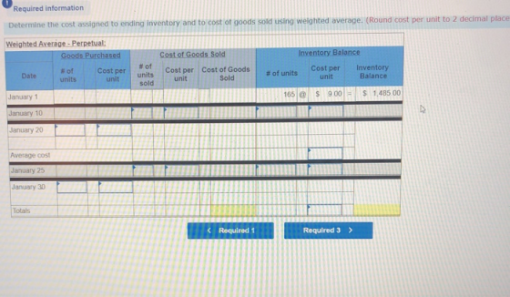 Required information Determine the cost assigned to ending inventory and to cost of goods sold using weighted average. (Round