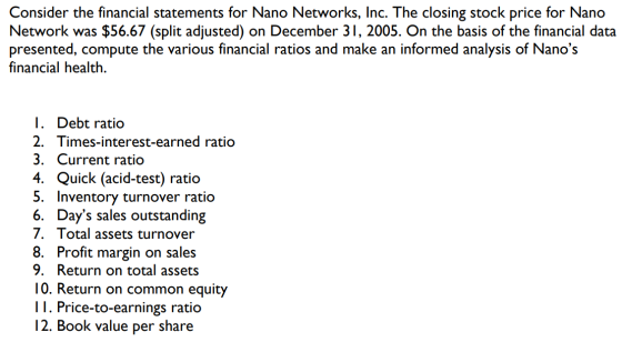 Consider the financial statements for Nano Networks, Inc. The closing stock price for Nano Network was $56.67 (split adjusted